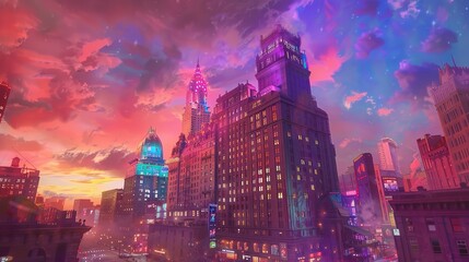 Obraz premium A colorful painting of a city space with a large building