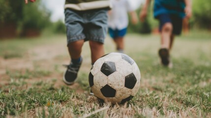 Obraz premium Close-up of children's legs playing soccer with a ball on grassy field.