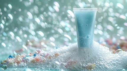 A blue squeeze tube sits in a pile of foamy bubbles