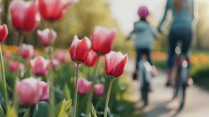 Close-up of pink tulips with mother and child cycling in background.