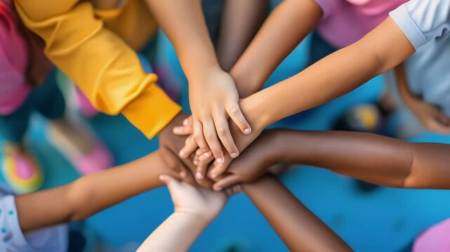 joining hands one on top of the other of different people and ethnicities