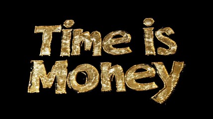 The phrase Time Is Money in gold embroidery against a black background