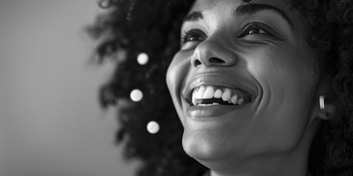 A happy woman with curly hair looks up with a smile, suitable for use in articles about positivity or women's empowerment