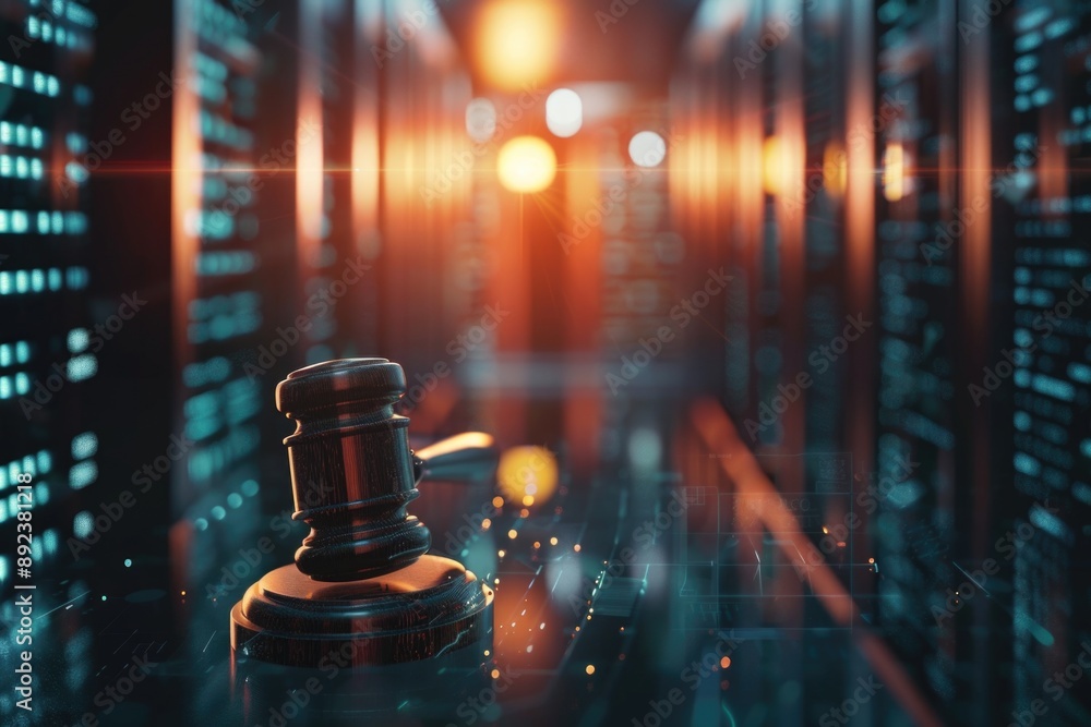 Poster a gavel sits on a table in a server room, ready for use