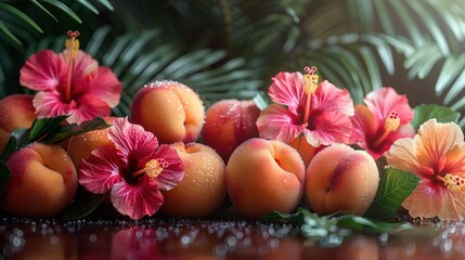 Juicy peaches and vibrant hibiscus flowers rest on lush foliage