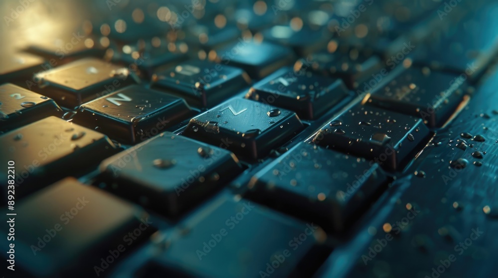Poster a close-up shot of a computer keyboard with water droplets on the keys