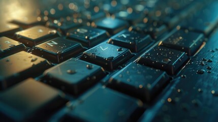 A close-up shot of a computer keyboard with water droplets on the keys