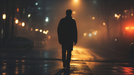 Shadowy Silhouette of a Lone Person Walking on a Dimly Lit City Street