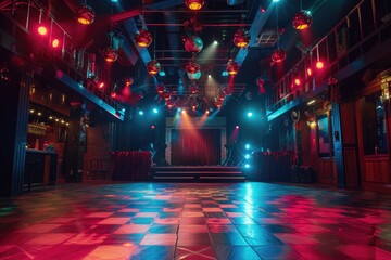 A room with a checkered floor and red and blue lights, perfect for a game night or party decoration