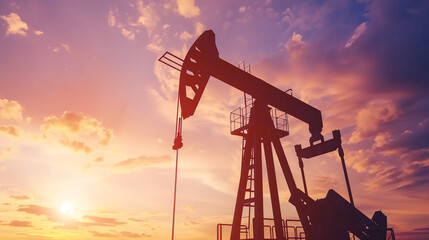 Silhouette of an Oil Rig Against a Vibrant Sunset Sky
