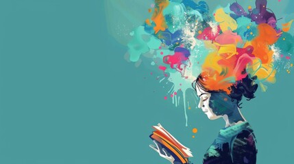 Dyslexia Awareness Month. Girl reading a book, with colorful spots around her head. Horizontal banner. Copy space. Dysgraphia, dyslexia and learning difficulties concept. ADHD. Back to school