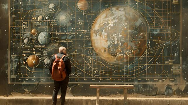 Man Studying a Detailed Astronomical Wall Chart in the Daytime