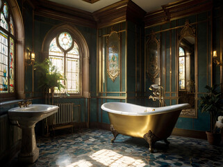 Bathroom in Victorian style interior design by luxurious claw foot bathtub and porcelain pedestal basin also with stained glass windows