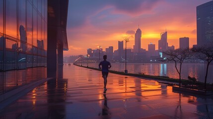 Fototapeta premium Jogging along a city waterfront at dawn