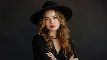 Portrait of a Young Woman with a Black Hat and Wavy Hair
