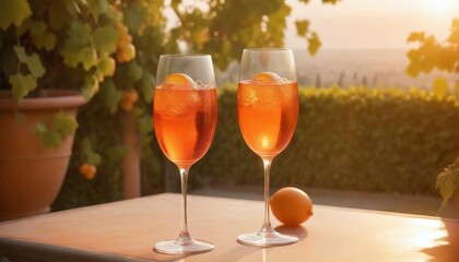 An Aperol spritz on a stylish patio in an Italian villa, with grapevines in the background and the golden hour light enhancing the ambiance.
