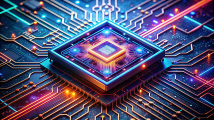 Sleek futuristic CPU visualizes data streams, generating complex code, with artificial intelligence logo at its core, surrounded by vibrant circuitry patterns and neon lights.