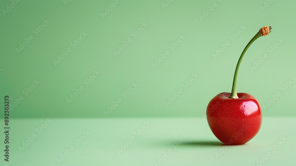 Sticker A single red cherry with a green stem on a green background.