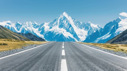 Fototapeta premium Majestic High-Altitude Road in Mountainous Landscape with Snow-Capped Peaks under Blue Sky