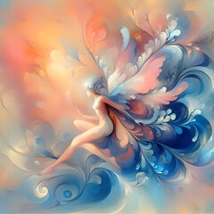 Obraz premium Celestial Dance: Ethereal Fairy with Flowing Wings in Fantasy Art, Mystical Beauty, Enchanted Realism, Dreamlike Masterpiece