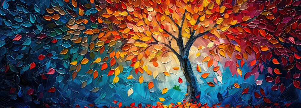 Fototapeta Elegant colorful tree with vibrant leaves hanging branches illustration background. Bright color 3d abstraction wallpaper for interior mural painting wall art decor. Ai 