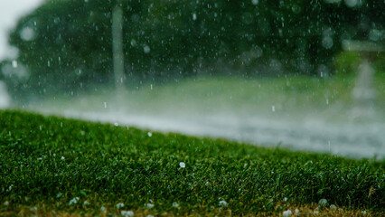 LOW ANGLE: Detailed shot of green grass during a heavy summer rain and hailstorm