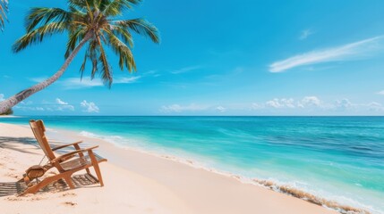 Serene Tropical Beach with Sapphire Blue Waters, Golden Sand, and Palm Trees Offering Shade