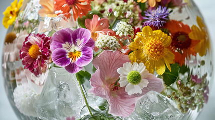 Obraz premium Colorful variety of fresh edible flowers in an ice sphere