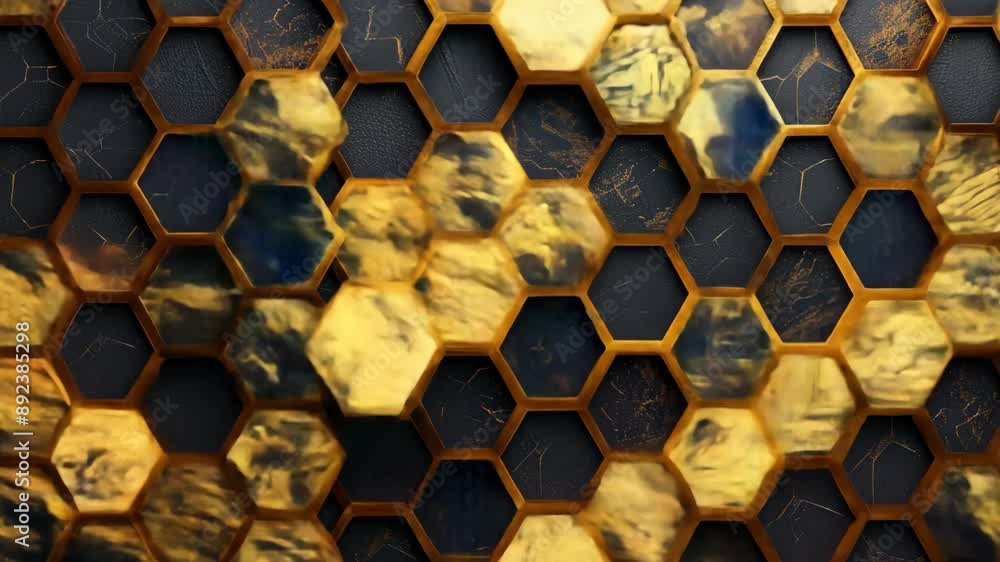 Aufkleber 3d abstract hexagonal pattern with black and gold textured surfaces