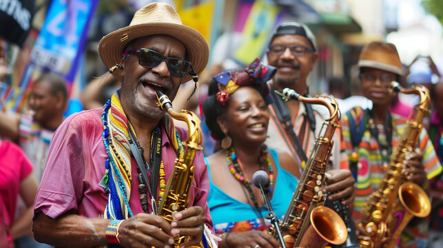 Joyful musicians performing at a street festival