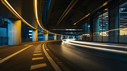City highway with light trails at night.