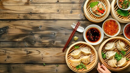Chinese traditional cuisine concept with dumplings and sauces served in bamboo steamer Background of Asian food with copy space