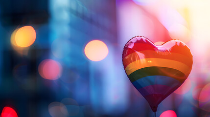 Rainbow heart balloon with city lights