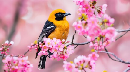Fototapeta premium Majestic Goldeeg Bird Perched on Flowering Tree with Pink Blossoms