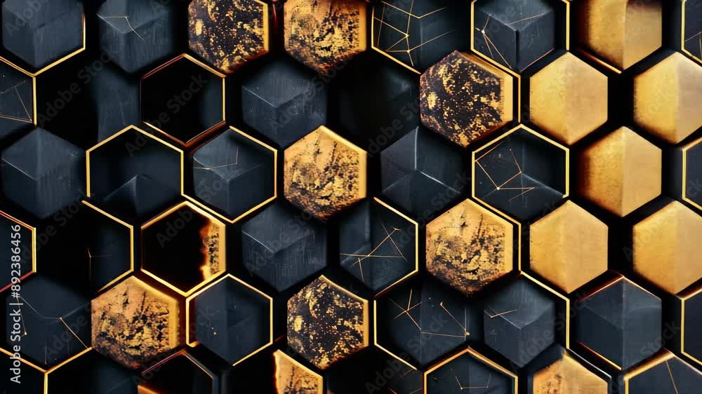 Poster 3d abstract hexagonal pattern with black and gold textured surfaces