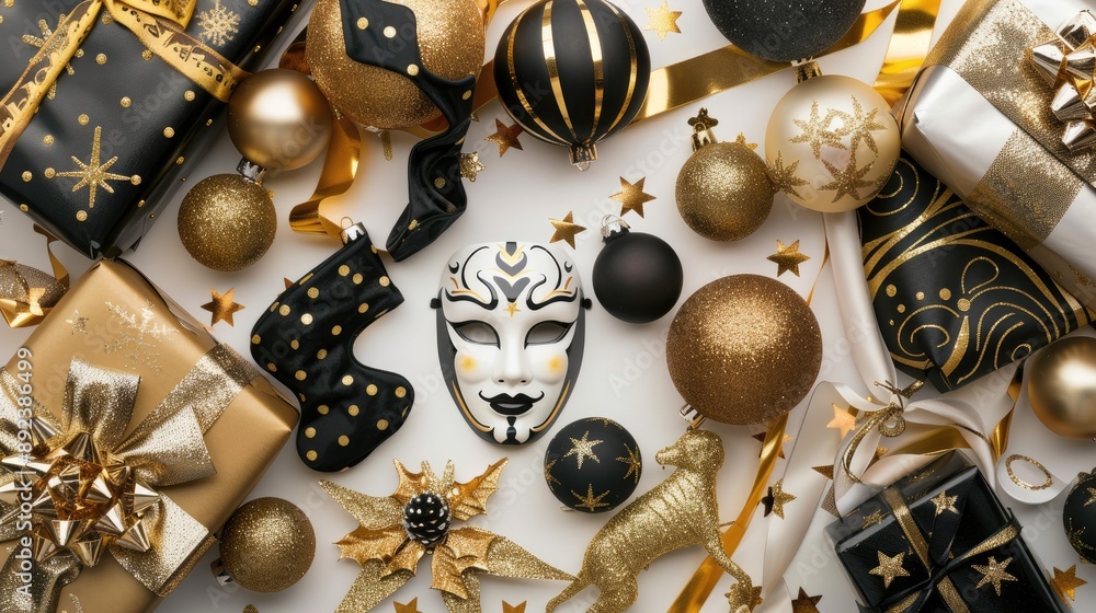 Sticker christmas gift display on gold white and black wrapping paper with traditional decorations masks bal