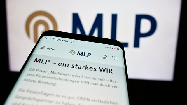 Stuttgart, Germany - 07-15-2024: Cellphone with web page of German financial services company MLP SE in front of business logo. Focus on top-left of phone display.