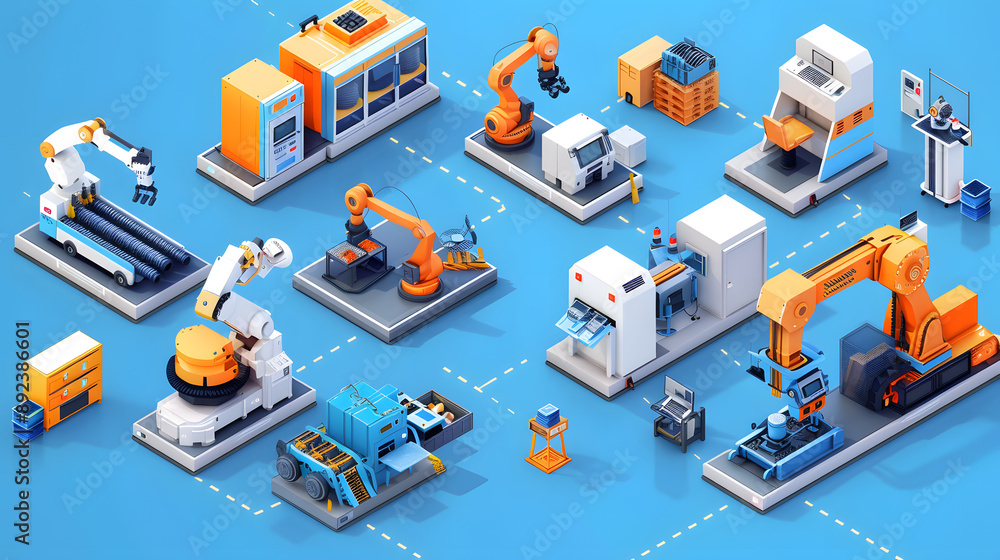 Poster futuristic factory with advanced machinery and robots.