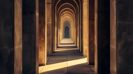 Fototapeta premium Historic corridor with sunlight casting dramatic shadows.