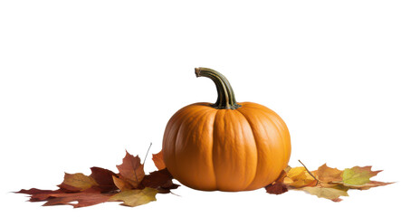Pumpkin resting on colorful autumn leaves isolate on transparent background, cutout, png 