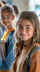 Fototapeta premium Two young girls with backpacks and notebooks stand in line at school, smiling and ready for a new day of learning and friendship.