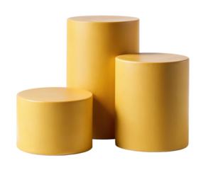 Three yellow pedestal cylinders of varying heights, perfect for product display or decorative use. Isolated on transparent background, png.