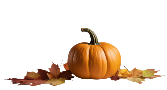 Pumpkin resting on colorful autumn leaves isolate on transparent background, cutout, png 