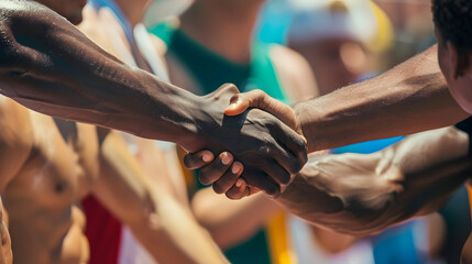 [3] A close-up shot of athletes from different countries shaking hands after a close match. Their faces express mutual respect and sportsmanship, highlighting the ability of sport to bridge 