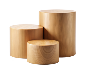 Three wooden pedestal cylinders of different heights, perfect for product display or decorative use. Isolated on transparent background, png.