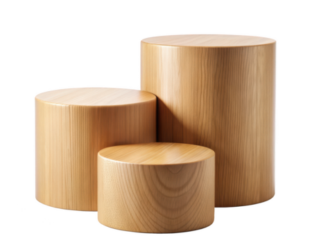 Three wooden pedestal cylinders of different heights, perfect for product display or decorative use. Isolated on transparent background, png.
