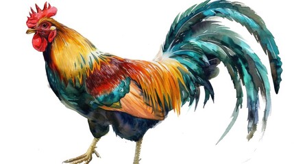 A vibrant rooster sitting on a clean white surface