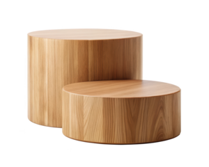 Two level wooden pedestal cylinders of varying heights, ideal for product display or decorative purposes. Isolated on transparent background, png.