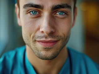 Obraz premium A detailed view of someone's upper body, dressed in a blue shirt
