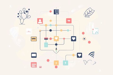Flowcharts with Minimal Icons illustrating data processes and workflows using symbols. light color palette with muted tones to maintain  sleek and modern look, business and marketing, project roadmap 